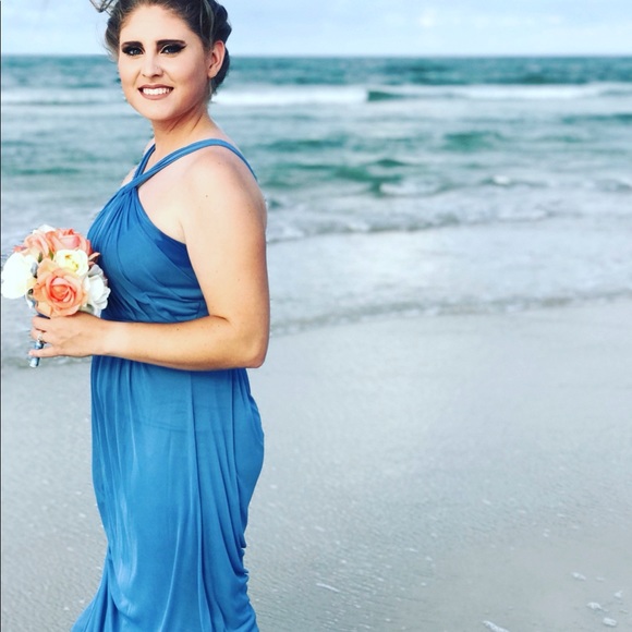 Steel Blue David’s Bridal Y Neck Bridesmaid Dress - Picture 1 of 3